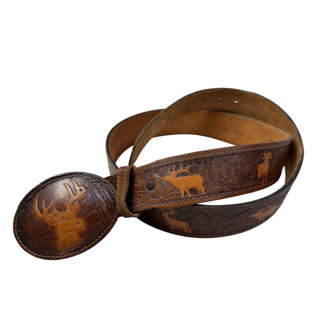 Chambers Vintage Leather Belt 44 Brown Hand tooled Wildlife Deer Elk USA‎ Made